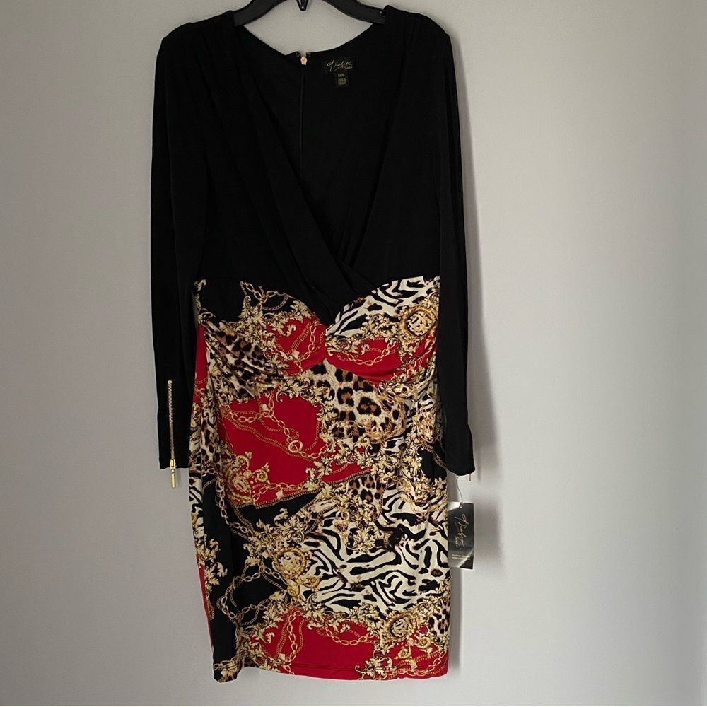 Thalia Sodi Women’s Deep V Neck Long Sleeve Chain Print Jersey Knit Dress size M